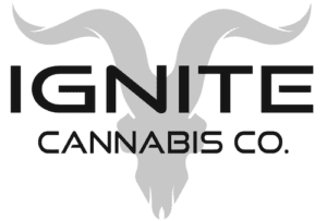 the logo of ignite with white background, black letters and goat's head