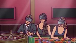 a man and two women wearing a vr headset in a casino room